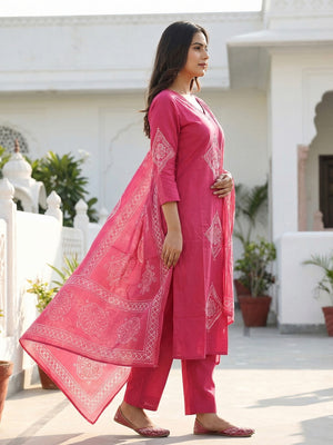 Ethnic Pink Pure Cotton Printed Kurta Salwar Suit with Stylish Dupatta - Image 2