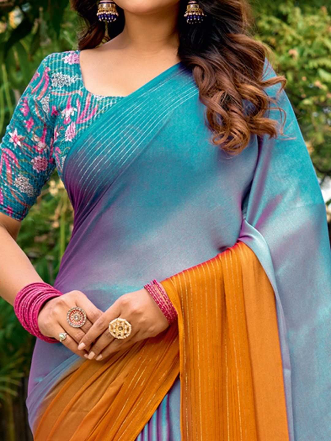 Contemporary Multicolor Ombre Chiffon Saree With Fancy Latkan Tassel Pallu & Zari Work Detailing - Image 3