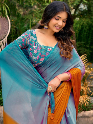 Contemporary Multicolor Ombre Chiffon Saree With Fancy Latkan Tassel Pallu & Zari Work Detailing - Image 2