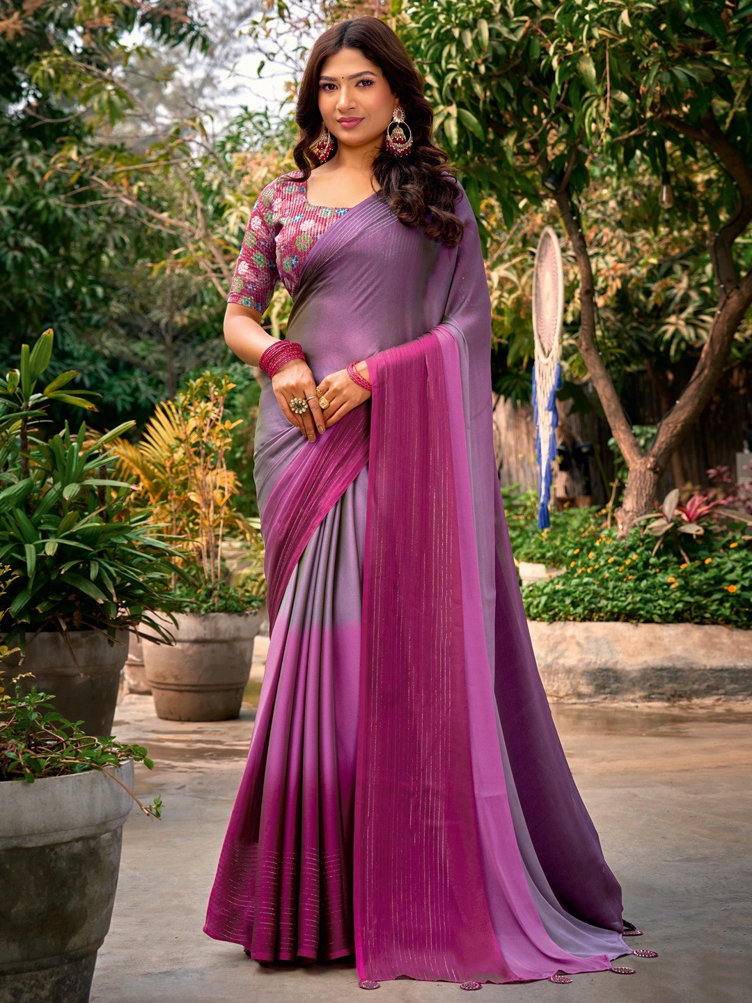 Chic Multicolor Ombre Saree With Designer Latkan Tassel Pallu & Intricate Zari Work - Image 1