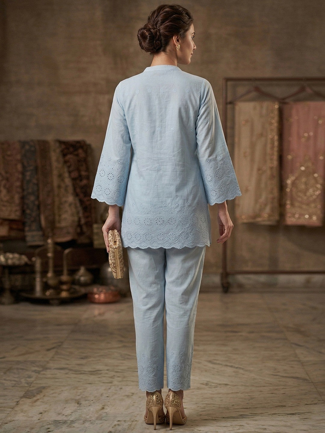 Trendy Sky Blue Pure Cotton Top and Bottom Outfit with Schiffli Pattern - Image 3