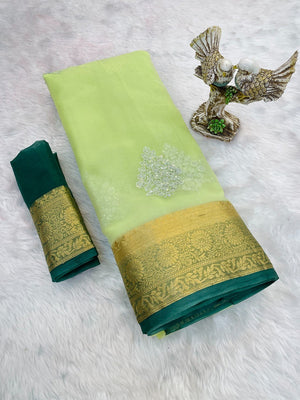 Luxurious Green Floral Sequins Embroidery Organza Saree With Intricate Weaving Jacquard Border - Image 2