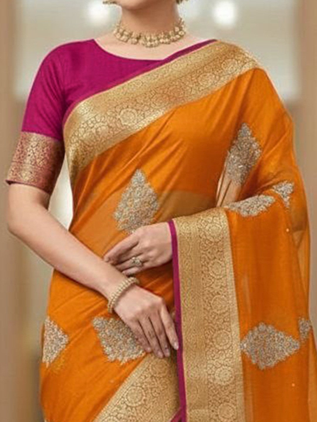 Luxurious Orange Floral Sequins Embroidery Organza Saree With Intricate Weaving Jacquard Border - Image 4