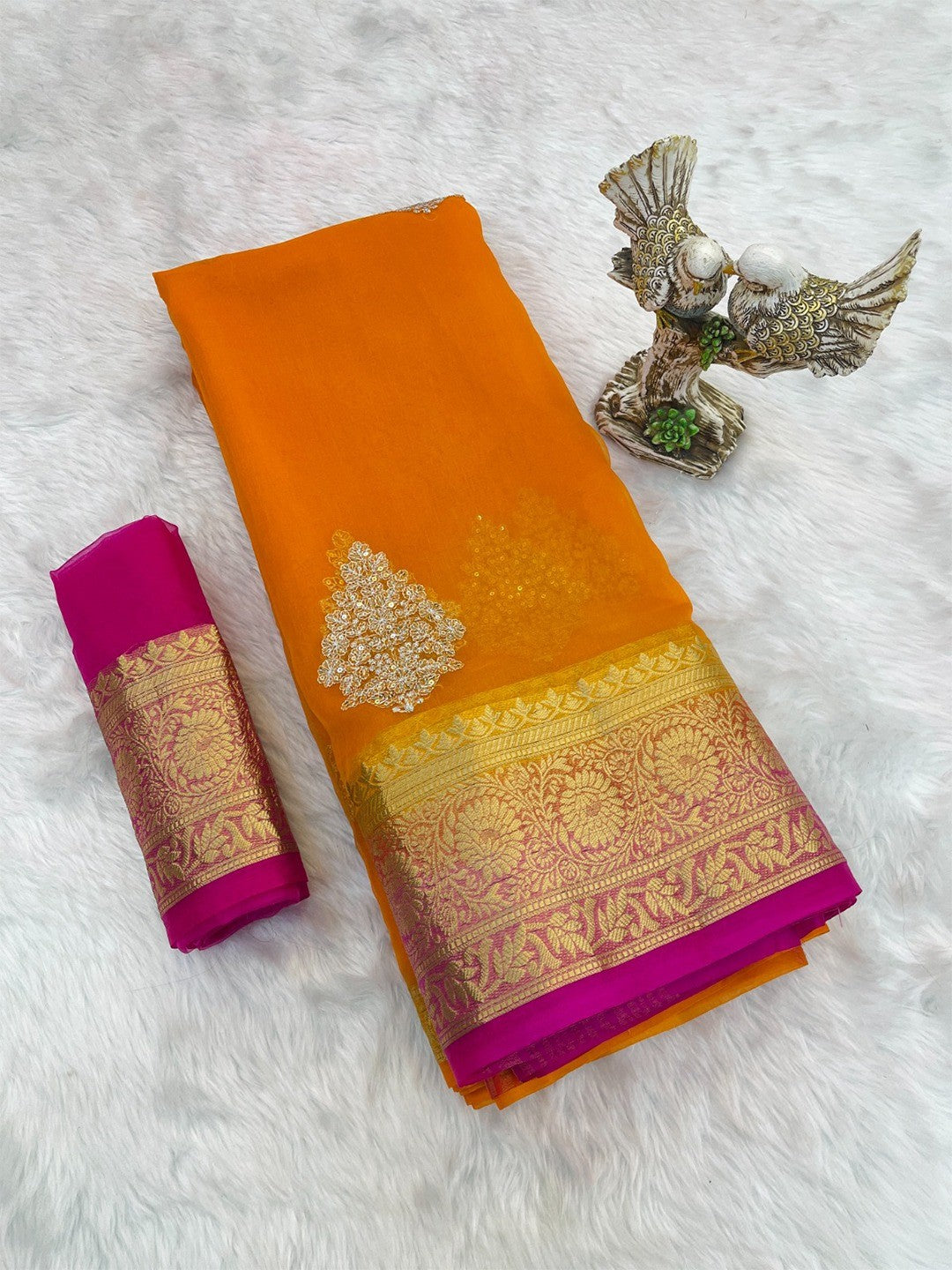 Luxurious Orange Floral Sequins Embroidery Organza Saree With Intricate Weaving Jacquard Border - Image 2