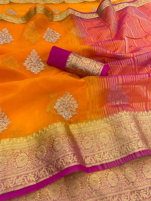 Luxurious Orange Floral Sequins Embroidery Organza Saree With Intricate Weaving Jacquard Border - Image 2