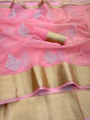 Luxurious Pink Floral Sequins Embroidery Organza Saree With Intricate Weaving Jacquard Border - Image 2