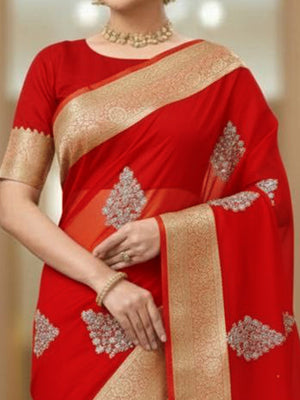 Luxurious Red Floral Sequins Embroidery Organza Saree With Intricate Weaving Jacquard Border - Image 2