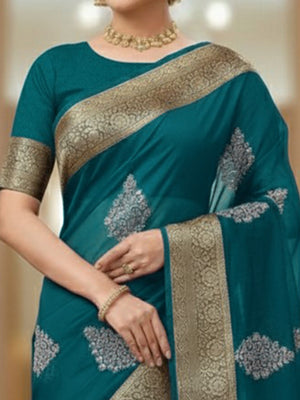 Luxurious Teal Floral Sequins Embroidery Organza Saree With Intricate Weaving Jacquard Border - Image 2