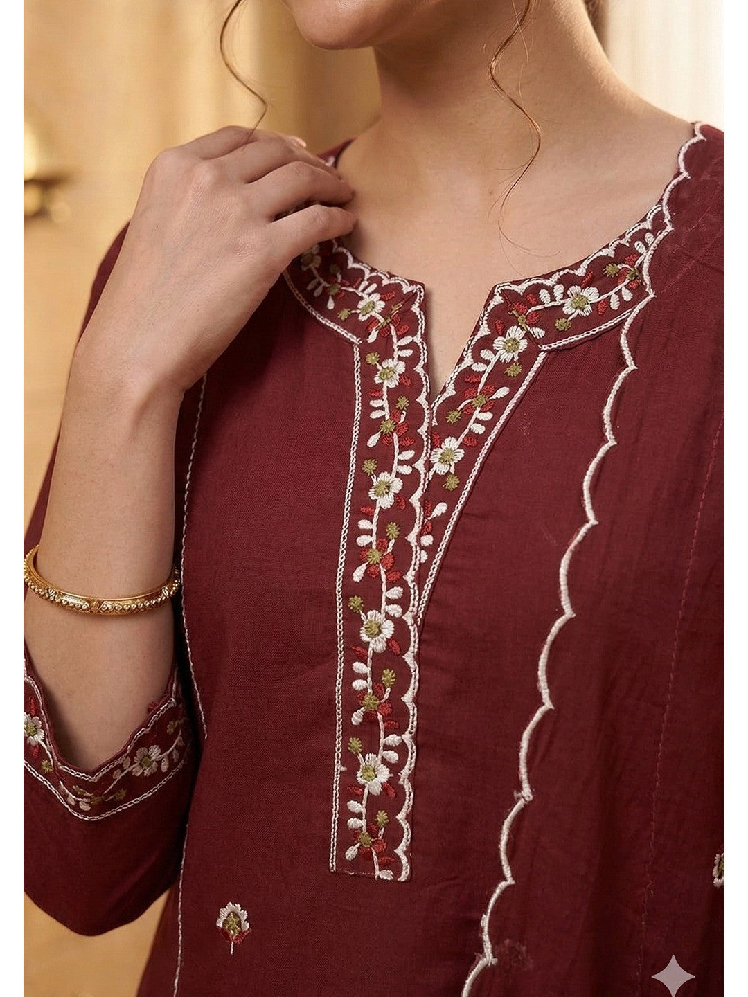 Maroon Embroidered Pure Cotton Straight Kurta Pant Set with Dupatta - Image 3