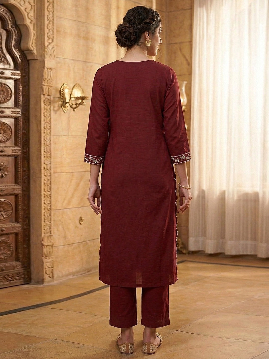 Maroon Embroidered Pure Cotton Straight Kurta Pant Set with Dupatta - Image 4
