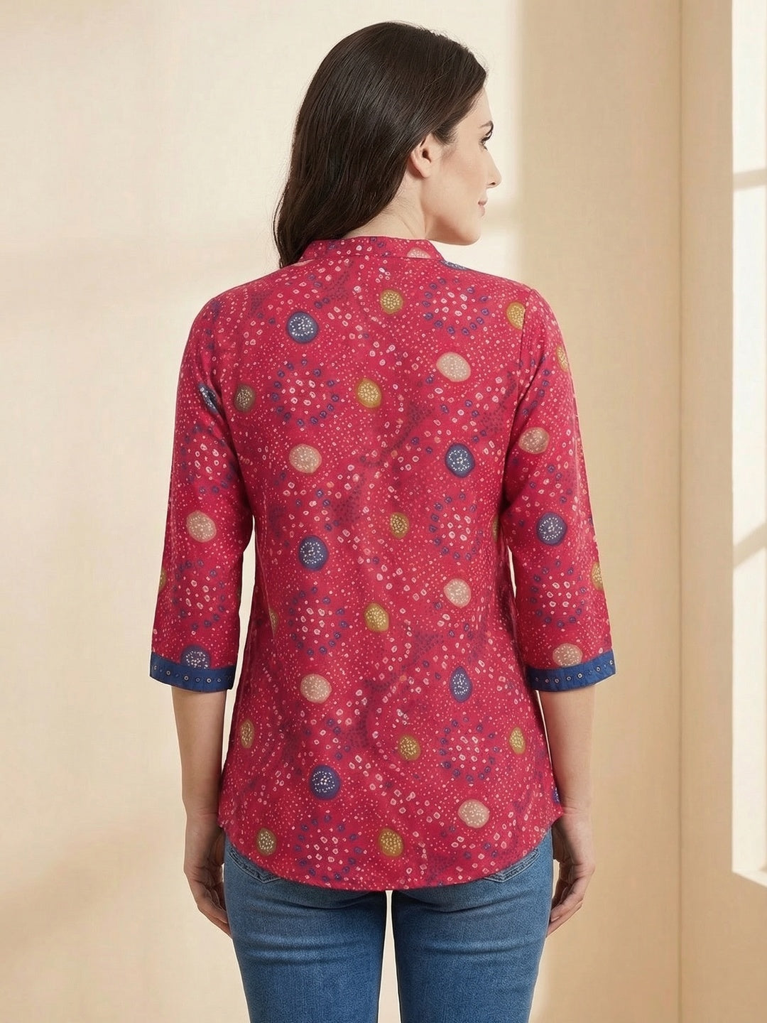 Pink Bandhani Printed Rayon A-Line Top with Mandarin Collar - Image 3