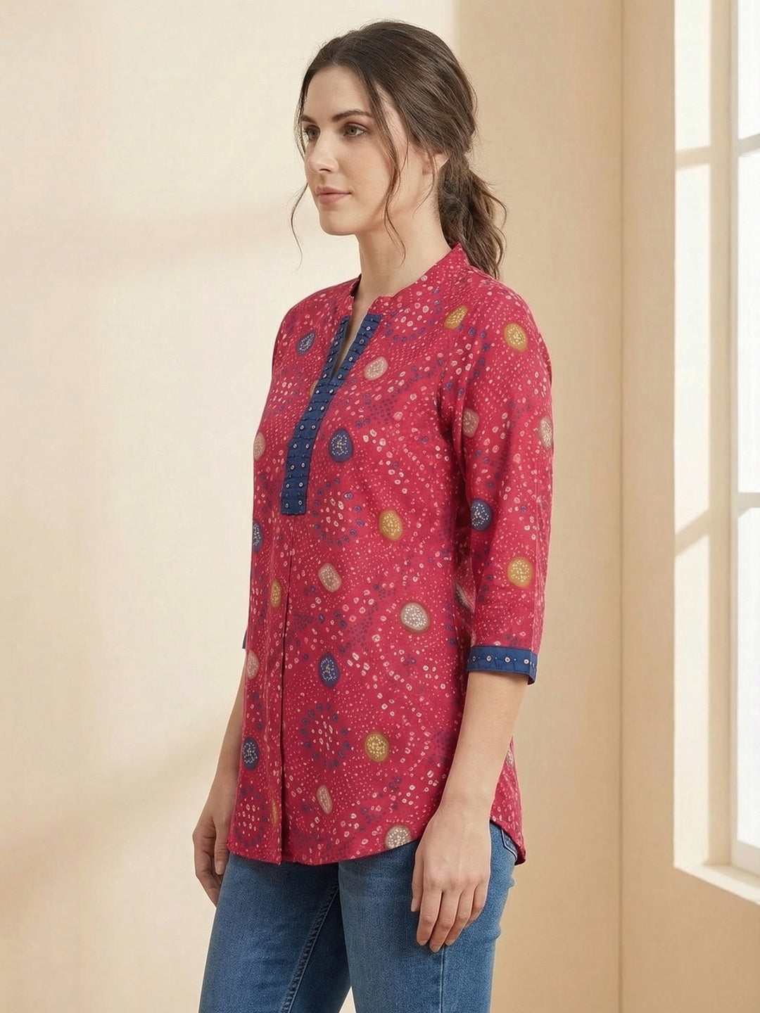 Pink Bandhani Printed Rayon A-Line Top with Mandarin Collar - Image 2