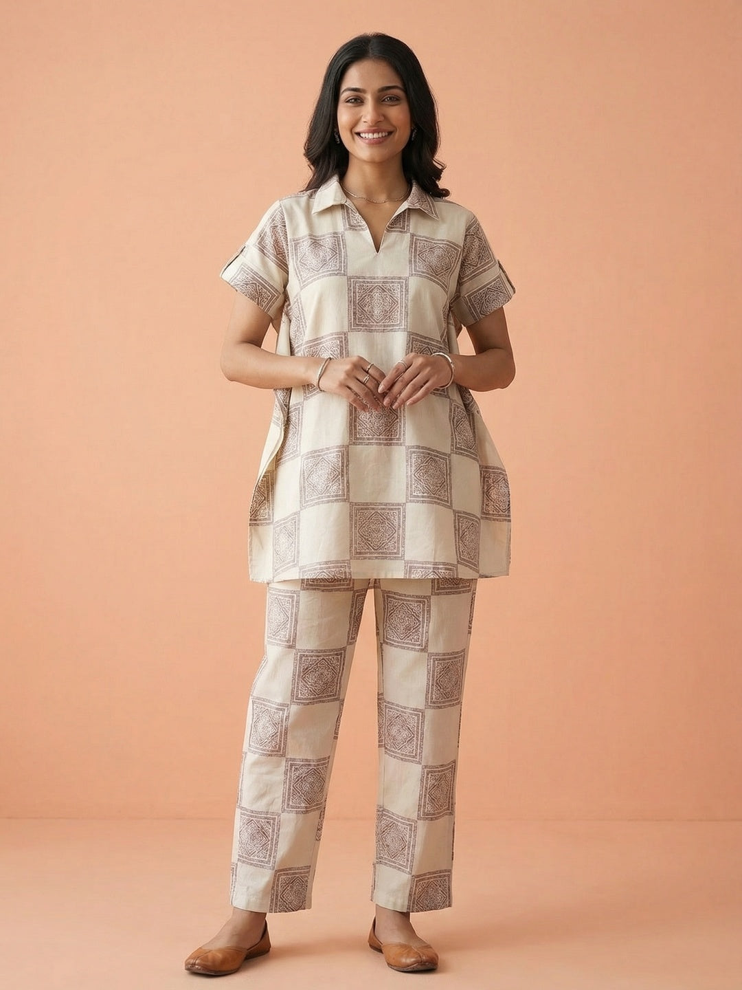 Offwhite & Maroon Pure Cotton Top Bottom Set with Block Print Design - Image 1