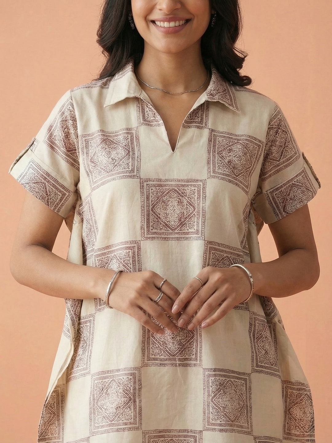 Offwhite & Maroon Pure Cotton Top Bottom Set with Block Print Design - Image 4