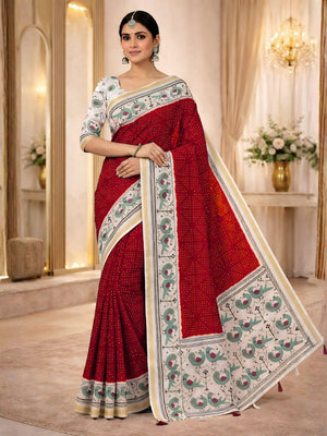 Elegant Red Linen Saree with Bird Motif Border - Peachmode - Image 1