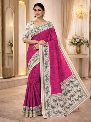 Classic Pink Bandhani Printed Saree Featuring Bird Motif Pallu With Elegant Tassel Work - Image 1