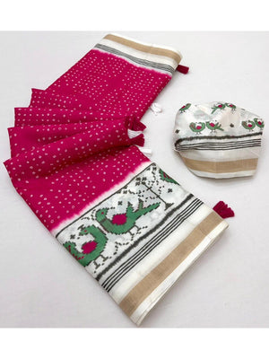 Classic Pink Bandhani Printed Saree Featuring Bird Motif Pallu With Elegant Tassel Work - Image 2