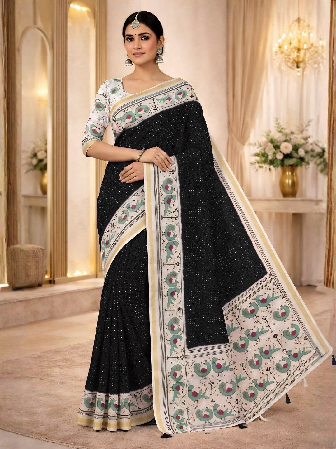 Classic Black Bandhani Printed Saree Featuring Bird Motif Pallu With Elegant Tassel Work - Image 1