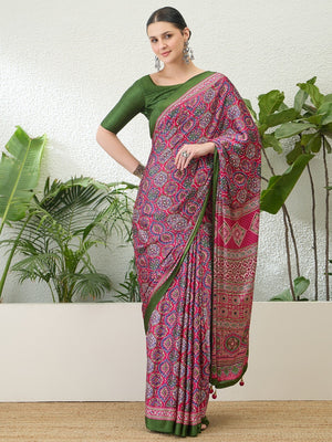 Sophisticated Pink Floral Print Satin Saree With Ethnic Latkan Pallu - Image 1