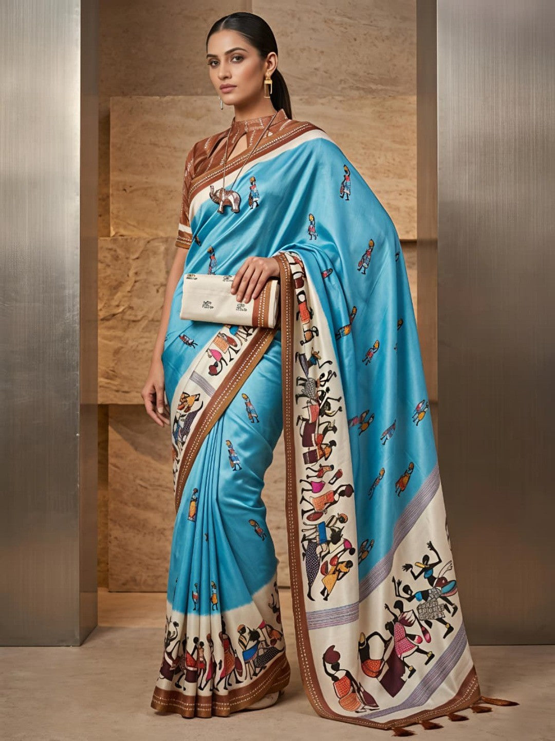 Charming Blue Warli Print Mulmul Cotton Saree Designed With Beautiful Border Work - Image 1