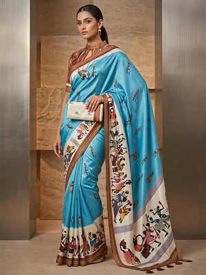 Charming Blue Warli Print Mulmul Cotton Saree Designed With Beautiful Border Work - Image 1