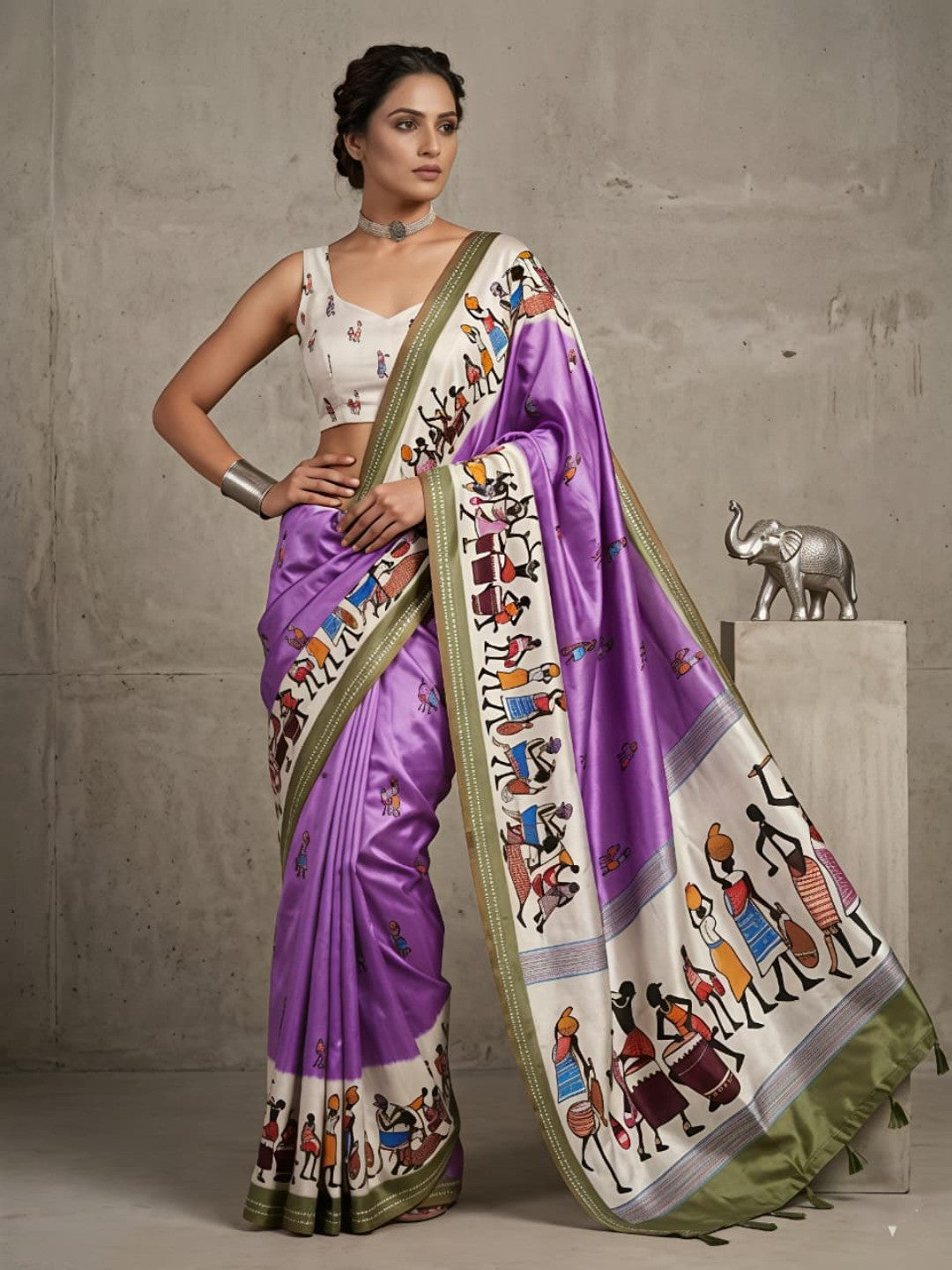 Charming Lavender Warli Print Mulmul Cotton Saree Designed With Beautiful Border Work - Image 1