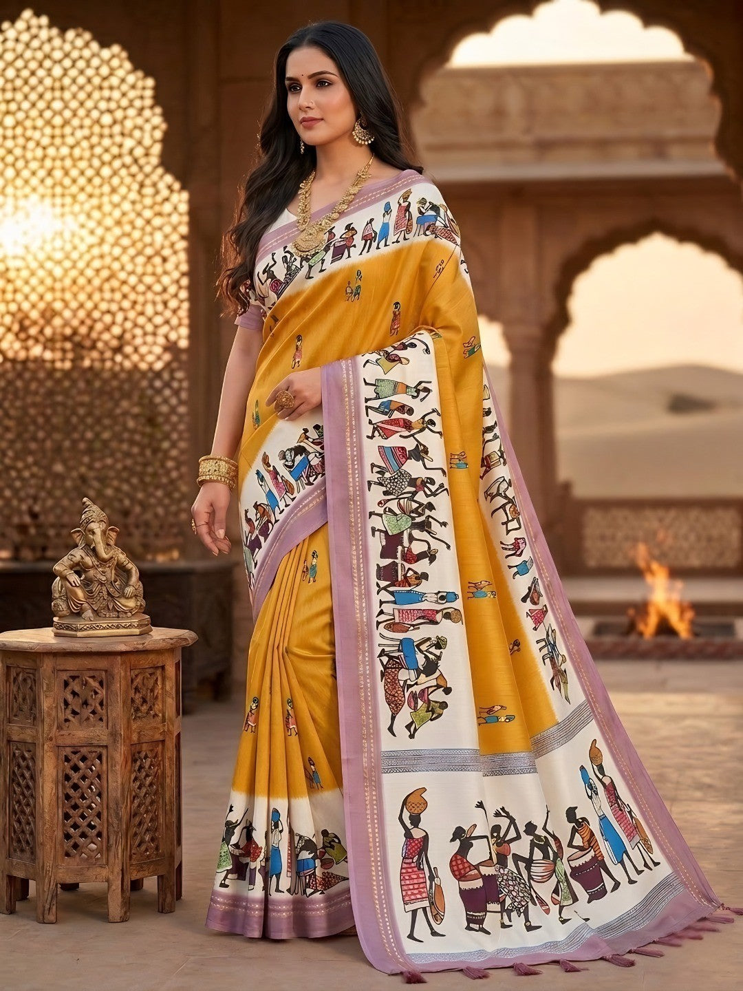 Mustard Mulmul Cotton Saree with Traditional Motif Print - Image 1