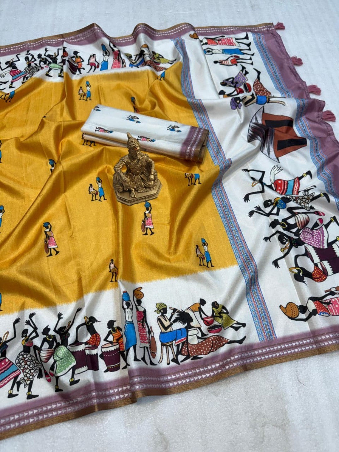 Mustard Mulmul Cotton Saree with Traditional Motif Print - Image 2