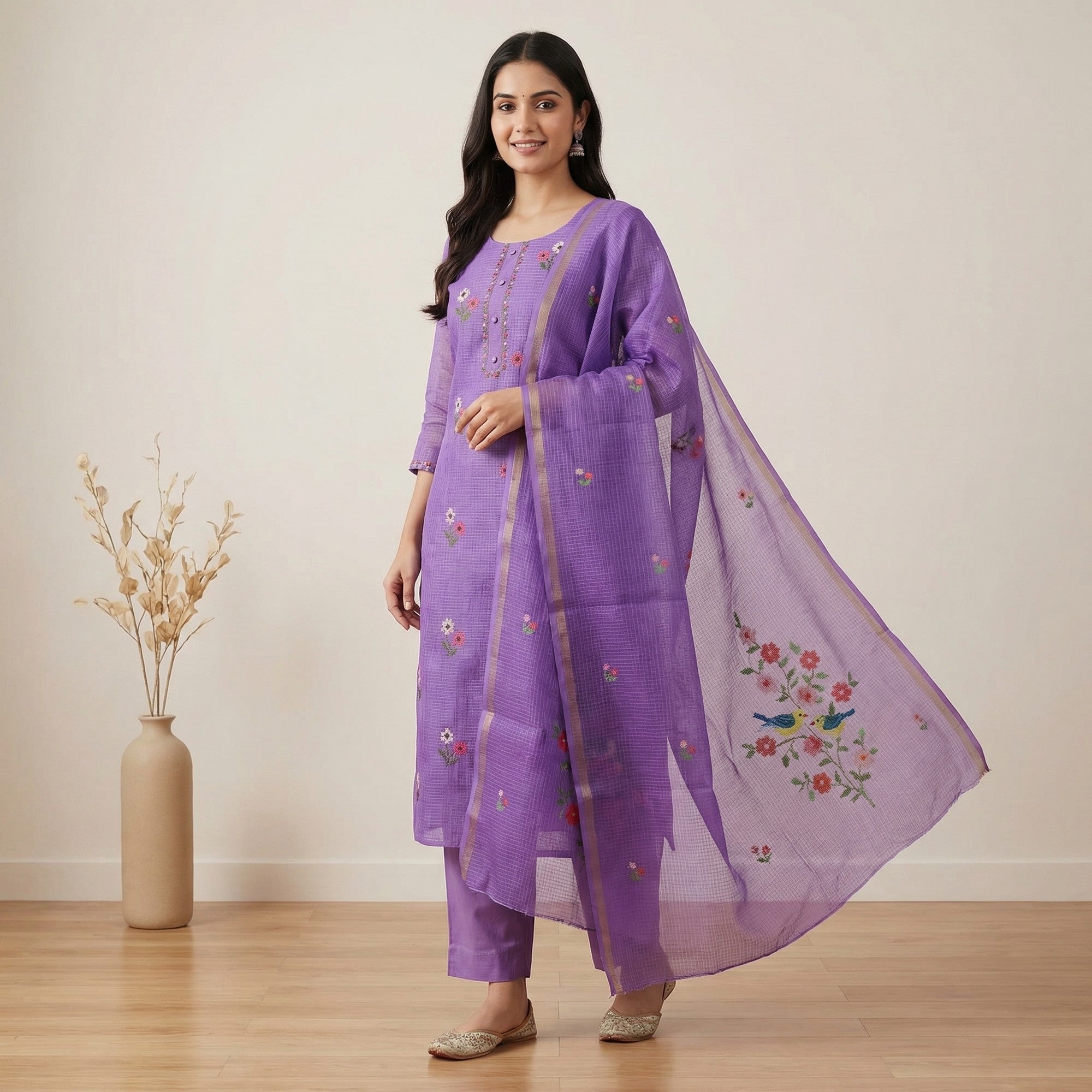 Lavender Kota Doria Unstitched Suit Set with Floral Embroidery - Image 1