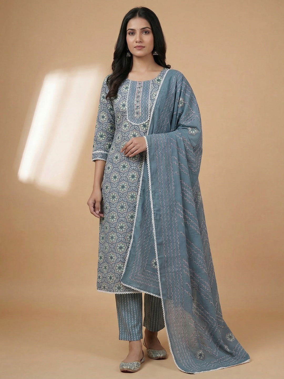 Casual Wear Blue Pure Cotton Kurta and Straight Pant Set with Floral Print - Image 2