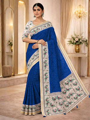 Classic Blue Bandhani Printed Saree Featuring Bird Motif Pallu With Elegant Tassel Work - Image 1