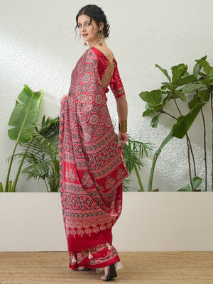Charming Red Floral Printed Satin Saree Beautified With Decorative Latkan Pallu - Image 2