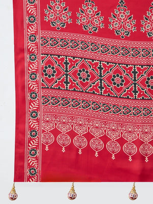 Charming Red Floral Printed Satin Saree Beautified With Decorative Latkan Pallu - Image 2