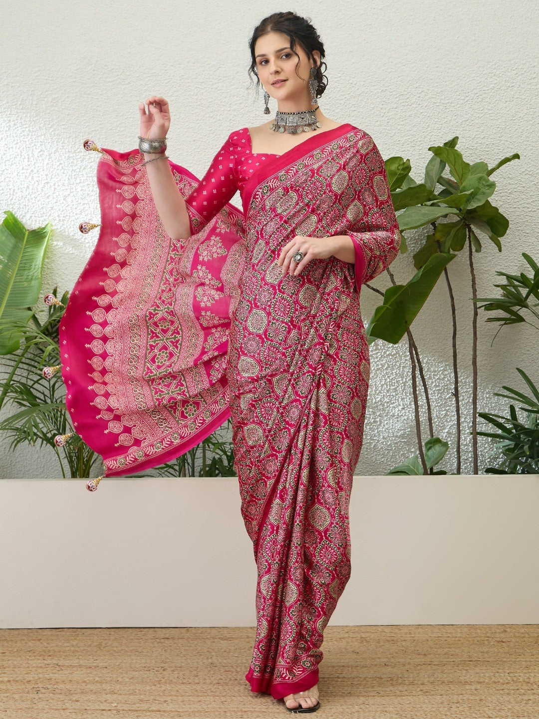 Charming Pink Floral Printed Satin Saree Beautified With Decorative Latkan Pallu - Image 1