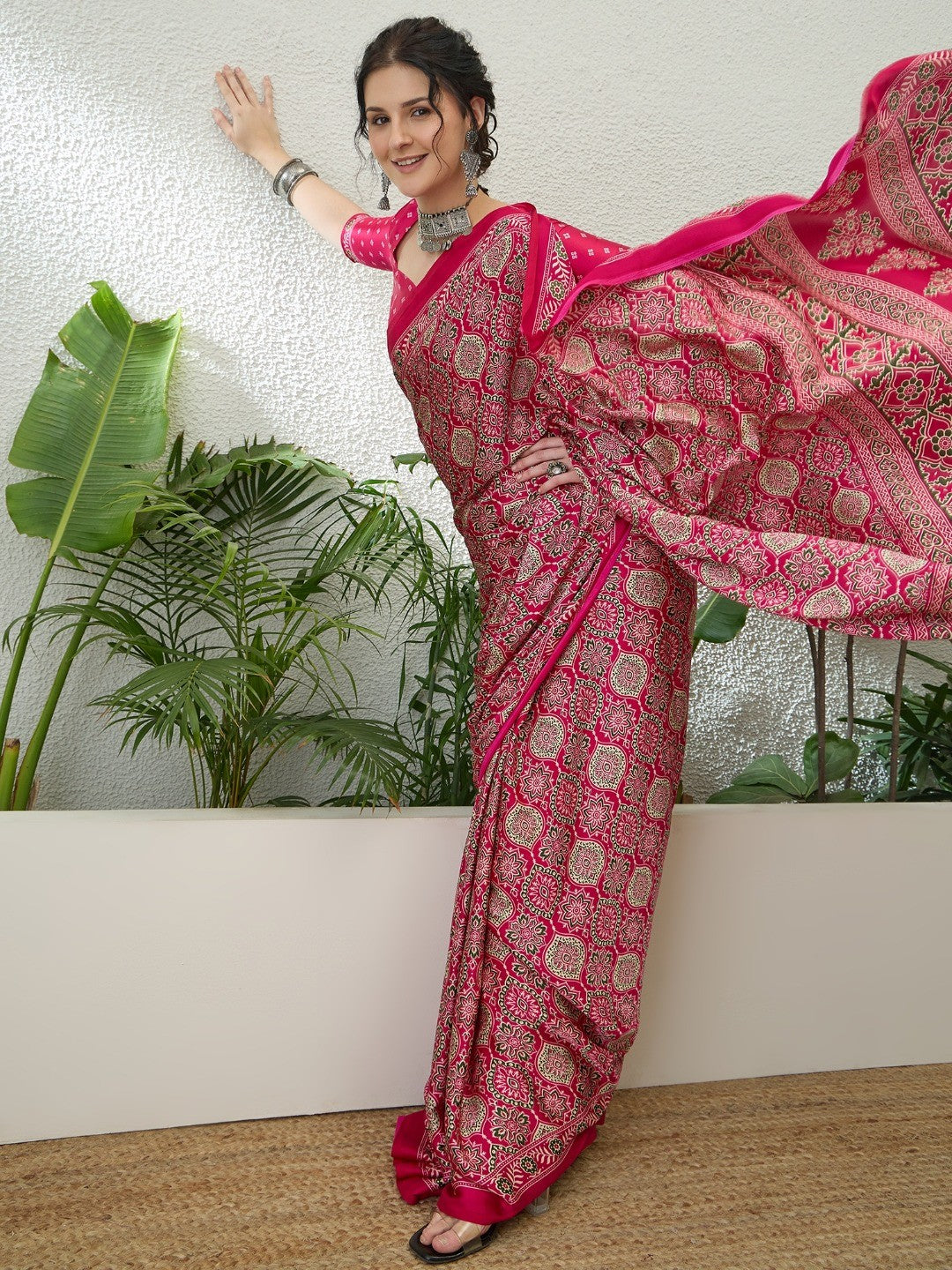 Charming Pink Floral Printed Satin Saree Beautified With Decorative Latkan Pallu - Image 6