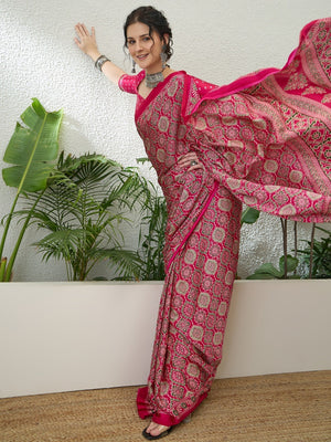 Charming Pink Floral Printed Satin Saree Beautified With Decorative Latkan Pallu - Image 2