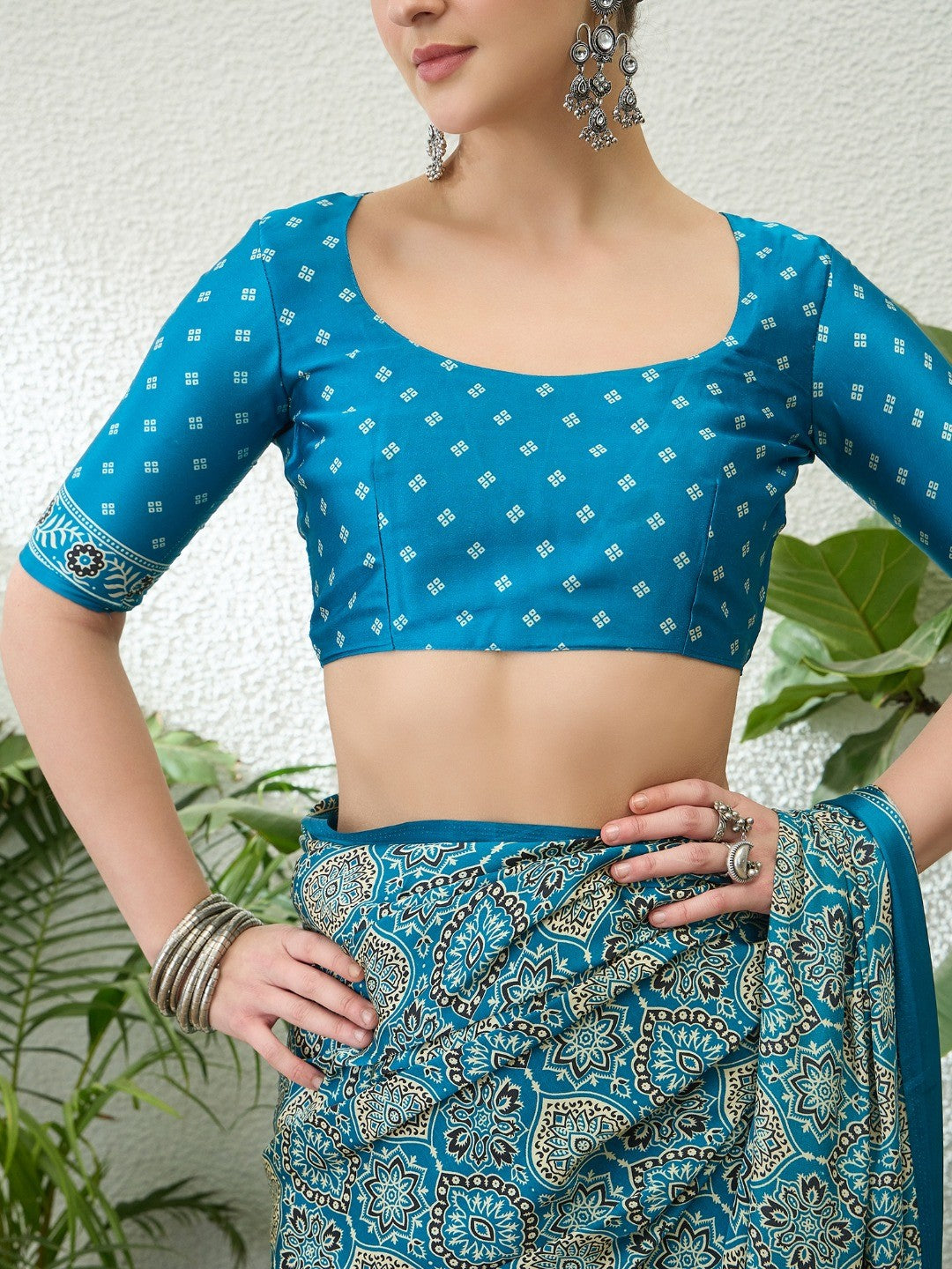 Charming Teal Blue Floral Printed Satin Saree Beautified With Decorative Latkan Pallu - Image 5