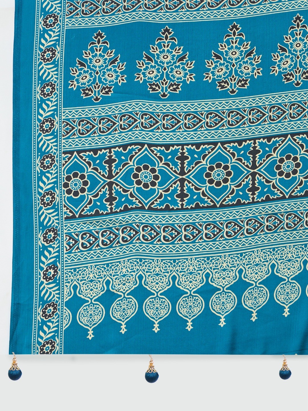 Charming Teal Blue Floral Printed Satin Saree Beautified With Decorative Latkan Pallu - Image 2