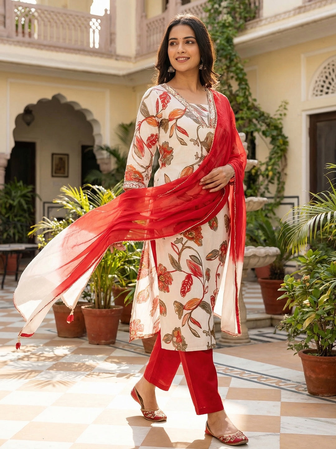 White Floral Printed Viscose Kurta with Straight Pant Set - Image 1