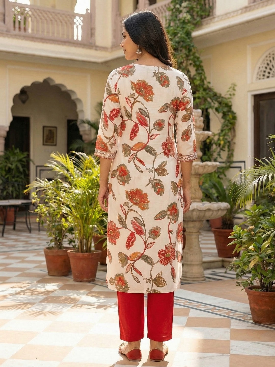 White Floral Printed Viscose Kurta with Straight Pant Set - Image 4