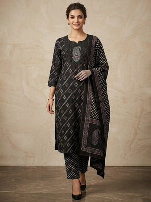 Black Paisley Printed Pure Cotton Salwar Suit Set with Traditional Design - Image 1