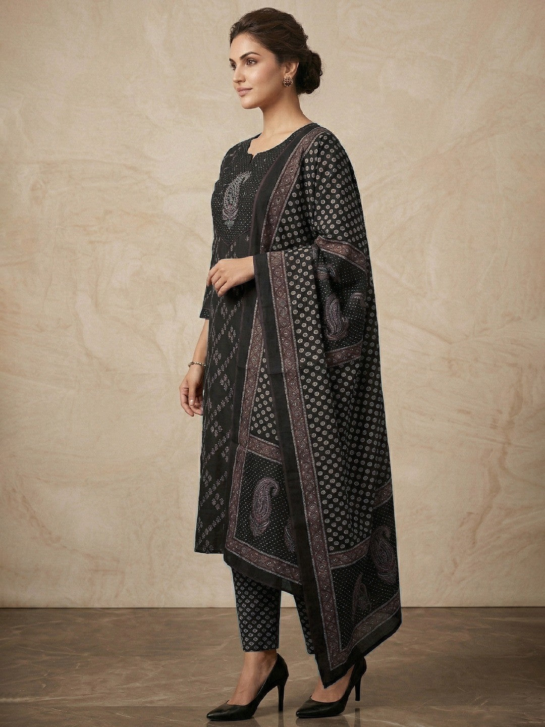 Black Paisley Printed Pure Cotton Salwar Suit Set with Traditional Design - Image 2