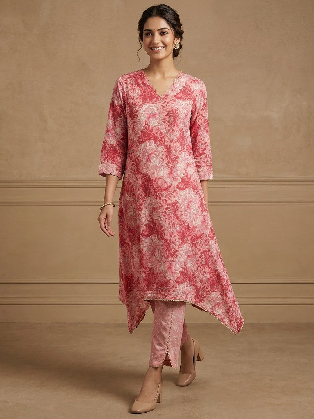Pink Floral Printed Pure Cotton Two-Piece Set with Neck Embroidery - Image 1
