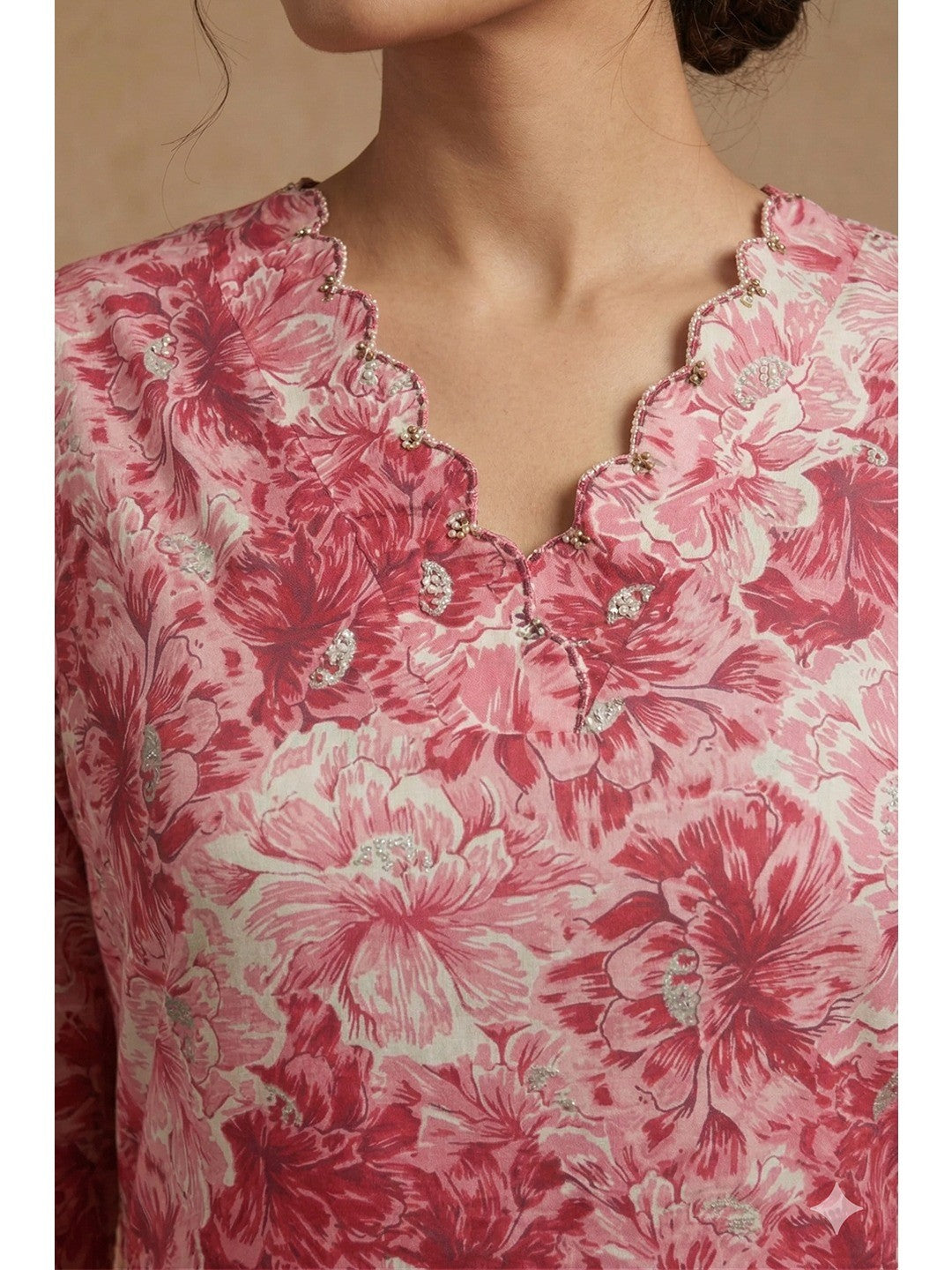 Pink Floral Printed Pure Cotton Two-Piece Set with Neck Embroidery - Image 4
