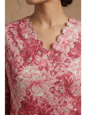 Pink Floral Printed Pure Cotton Two-Piece Set with Neck Embroidery - Image 2