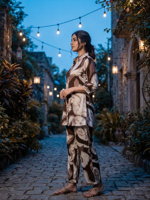 Brown Abstract Printed Rayon Two Piece Outfit with Soft Fabric and Modern Look - Image 2