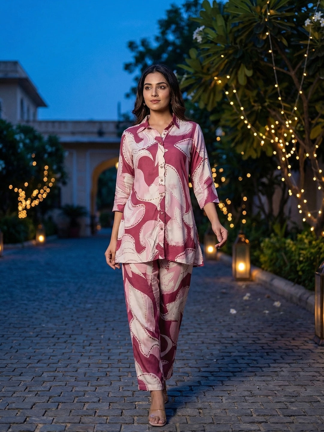 Cherry Pink Abstract Printed Rayon Two Piece Outfit with Soft Fabric and Modern Look - Image 1