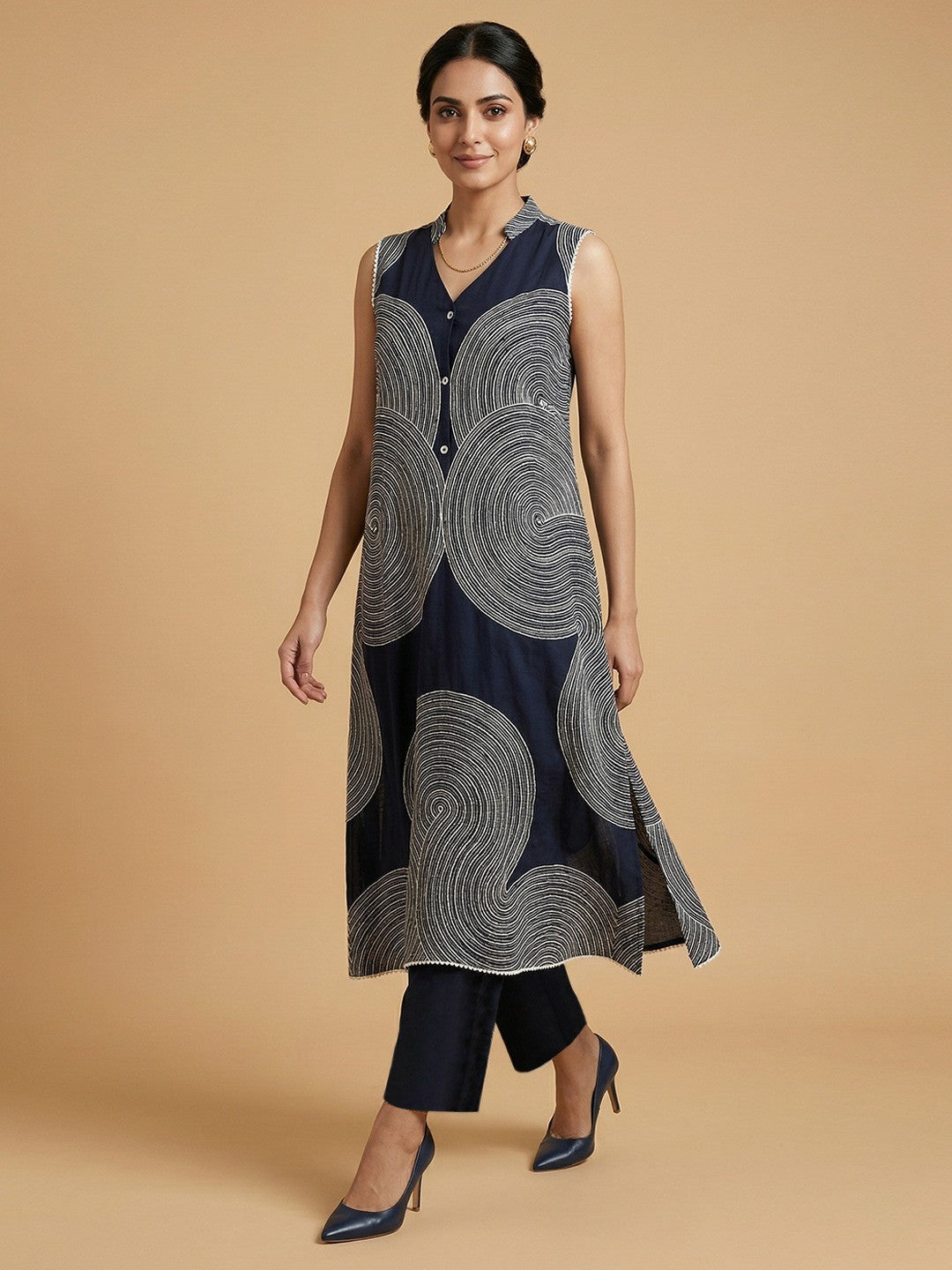 Navy Blue Rayon Top Bottom Set with Circular Print - Image 1