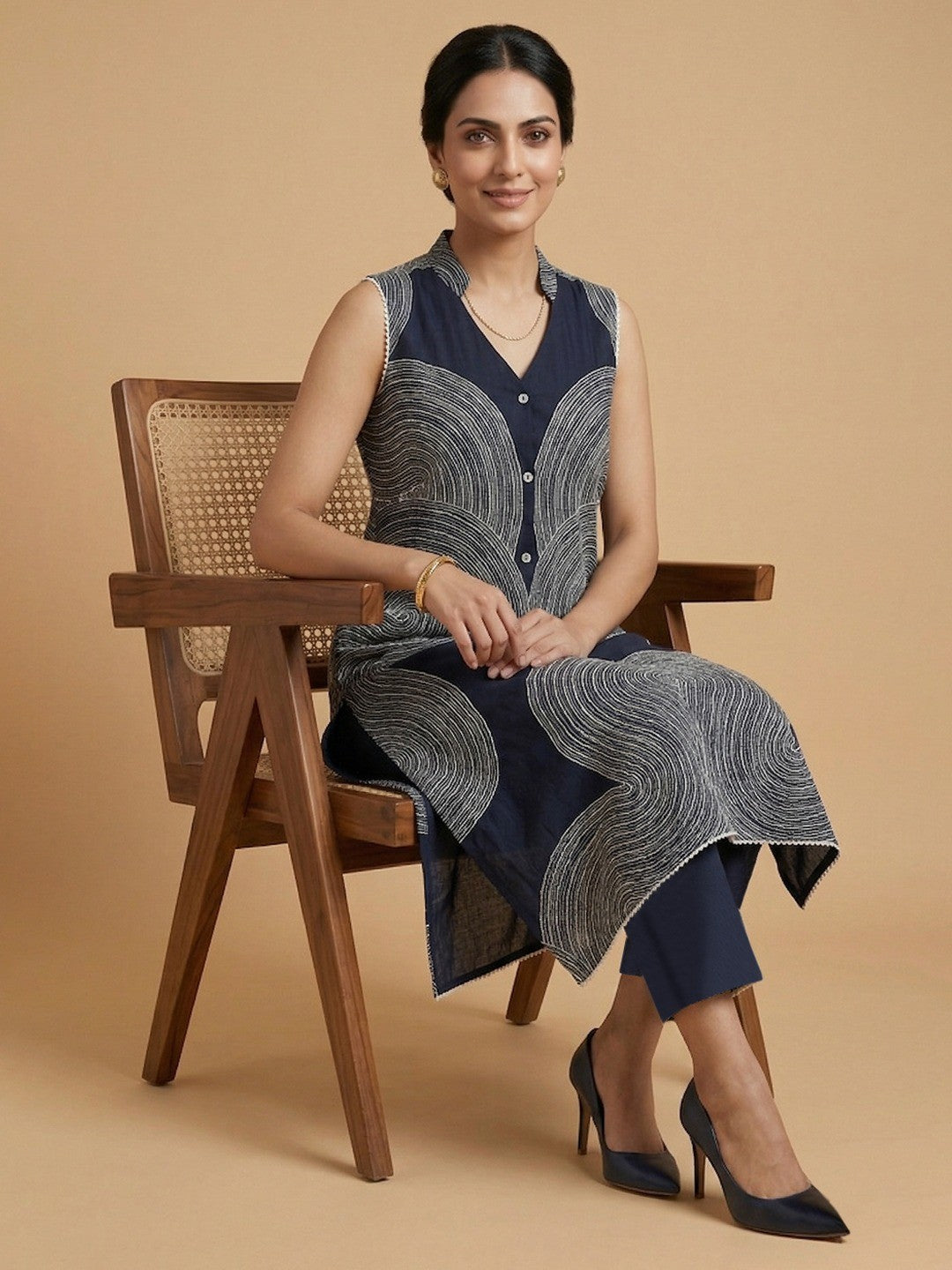 Navy Blue Rayon Top Bottom Set with Circular Print - Image 2