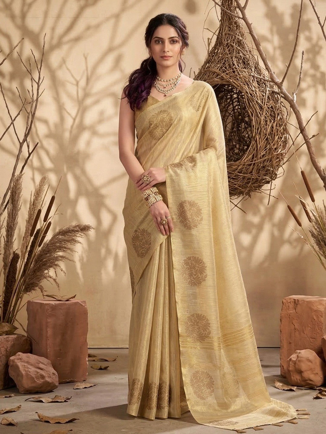 Classic Cream Floral Zari Weaving Tissue Silk Saree With Tassel Pallu - Image 1